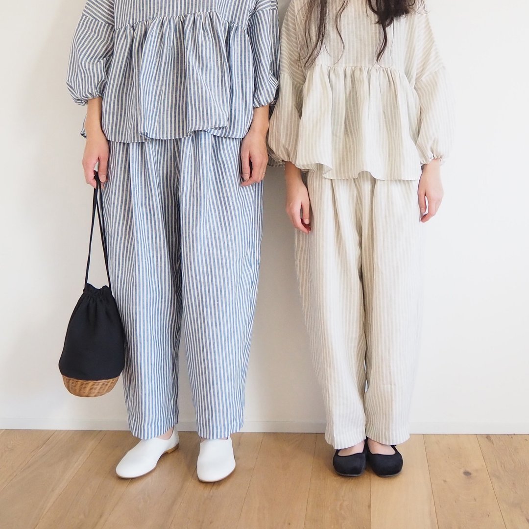 Linen stripe balloon pants - 女装长裤 - 棉 蓝色