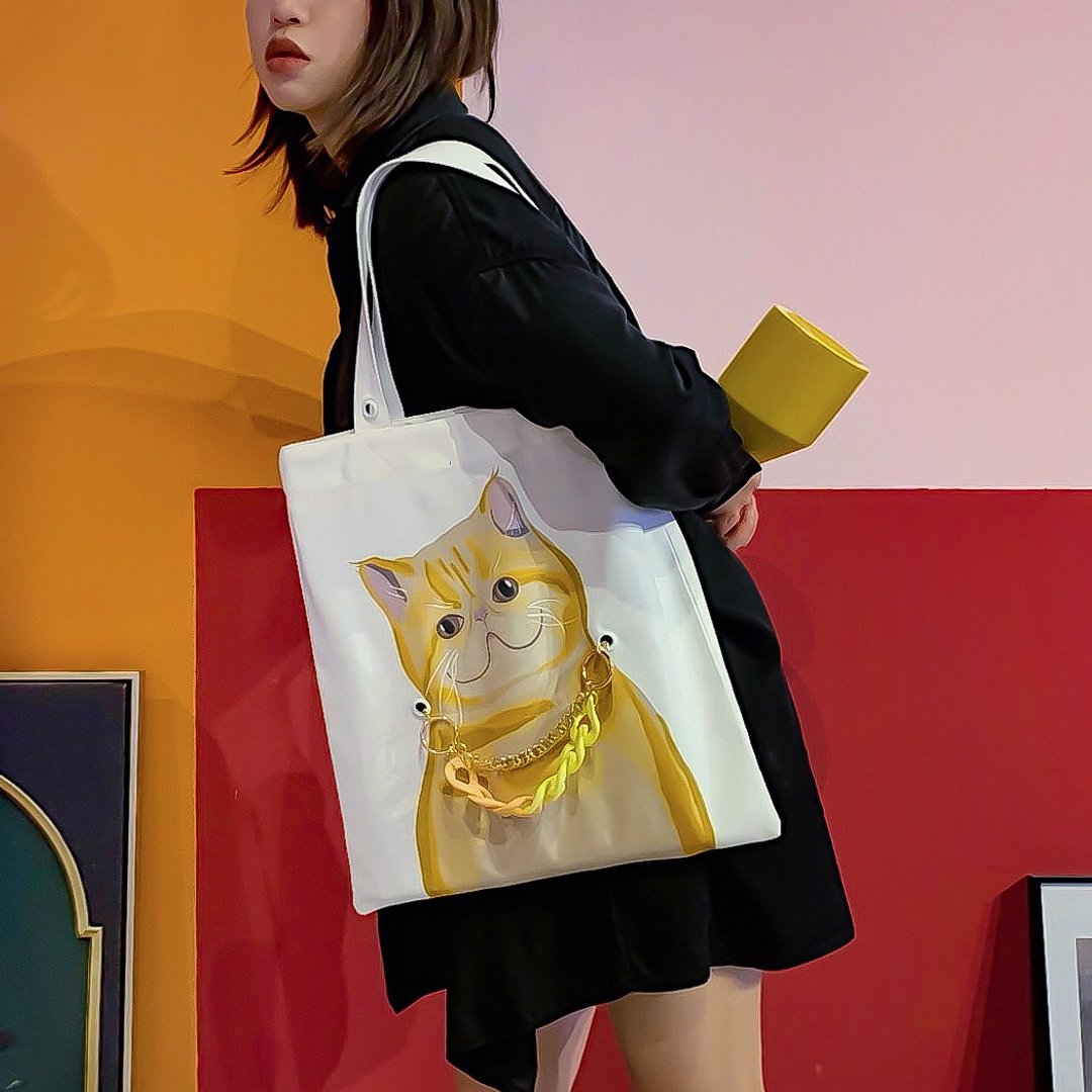 猫咪双面插画帆布包白色-加菲猫(包链项链两用) - 手提包/手提袋 - 聚酯纤维 白色