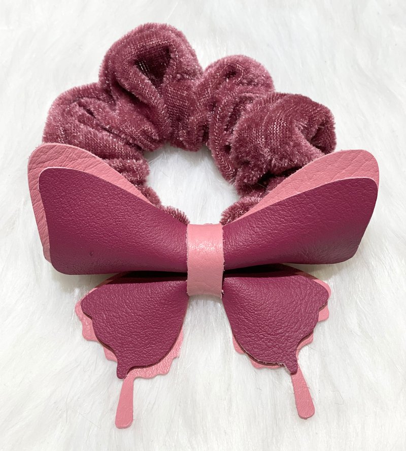 手工紫红色系羊皮超美质感双层凤尾蝶蝴蝶大肠圈发圈发饰 - 发饰 - 真皮 紫色