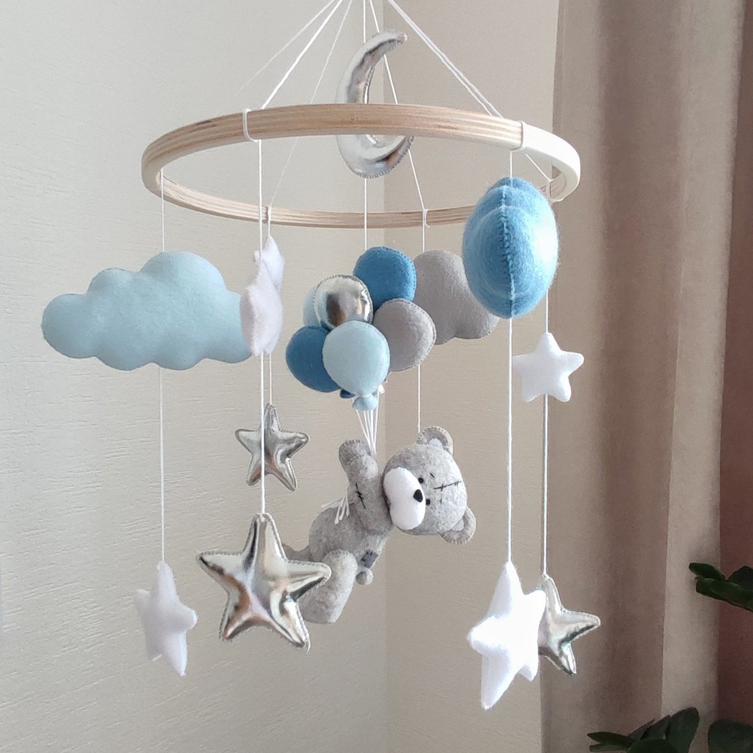 Teddy bear baby crib mobile, bear nursery decor, baby shower, pregnancy gift - 玩具/玩偶 - 环保材料 蓝色