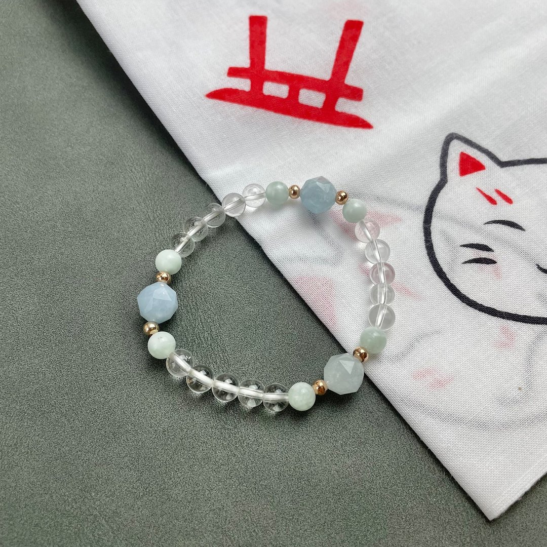 白晶 海蓝宝 开运 守护净化 天然水晶 日本手作 礼物 能量石手链 - 手链/手环 - 水晶 透明