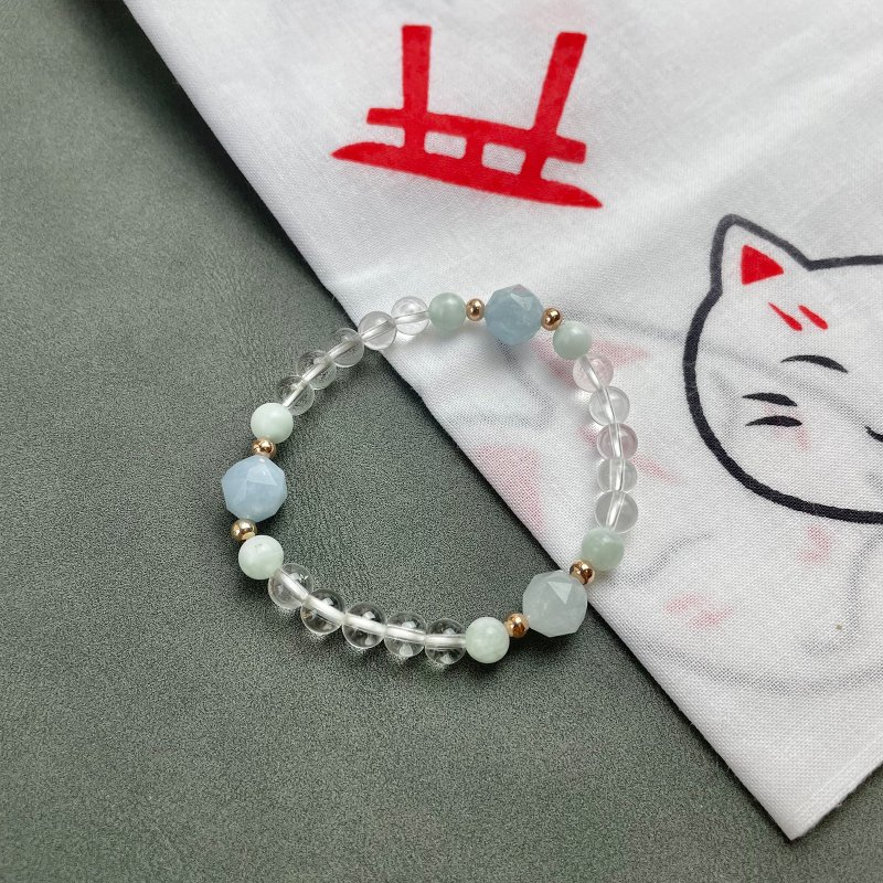 白晶 海蓝宝 开运 守护净化 天然水晶 日本手作 礼物 能量石手链 - 手链/手环 - 水晶 透明