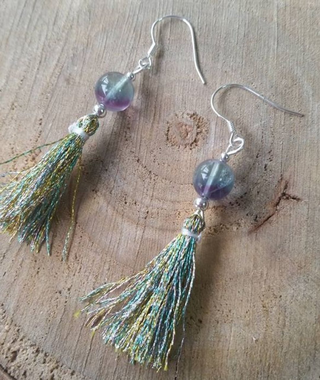 紫蓝萤石， 纯银珠，银绿色长流苏 纯银耳环   flourite, silver ball and tassel  925 silver earring - 耳环/耳夹 - 宝石 绿色
