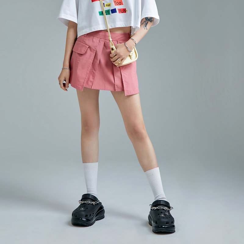 低腰迷你短裙 - 裙子 - 棉．麻 粉红色