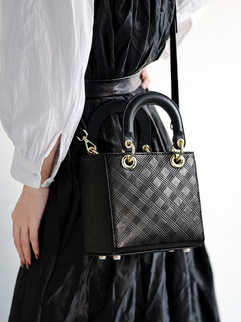 DIY真牛皮戴妃包链条肩带手提包高级轻奢小香风斜背包手工材料包 - 手提包/手提袋 - 真皮 黑色