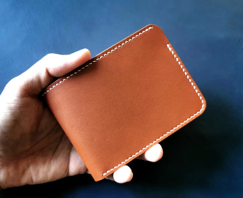 Personalized Slim Short Bi-fold Minimal Wallet Men - Italy Veg Tanned Leather - 皮夹/钱包 - 真皮 咖啡色