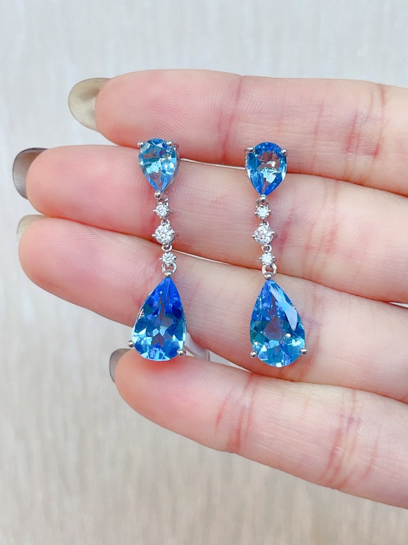 S925纯银蓝色托帕石耳环 - 耳环/耳夹 - 纯银 蓝色