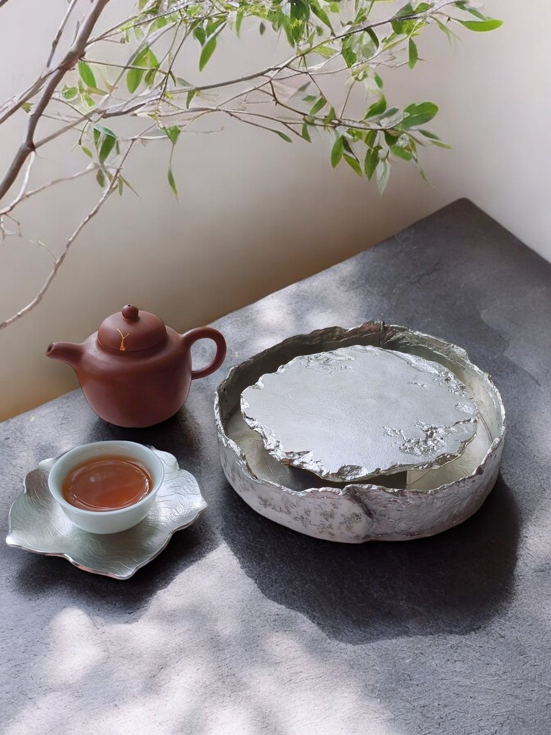 侘寂之美-手制纯锡壶承-两件式 - 茶具/茶杯 - 其他金属 银色