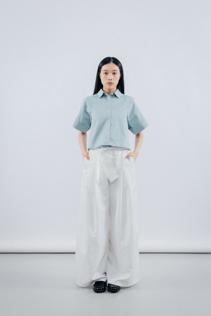阔袖衬衫 Blue Wide Sleeves Blouse Shirts - 女装衬衫 - 棉．麻 蓝色