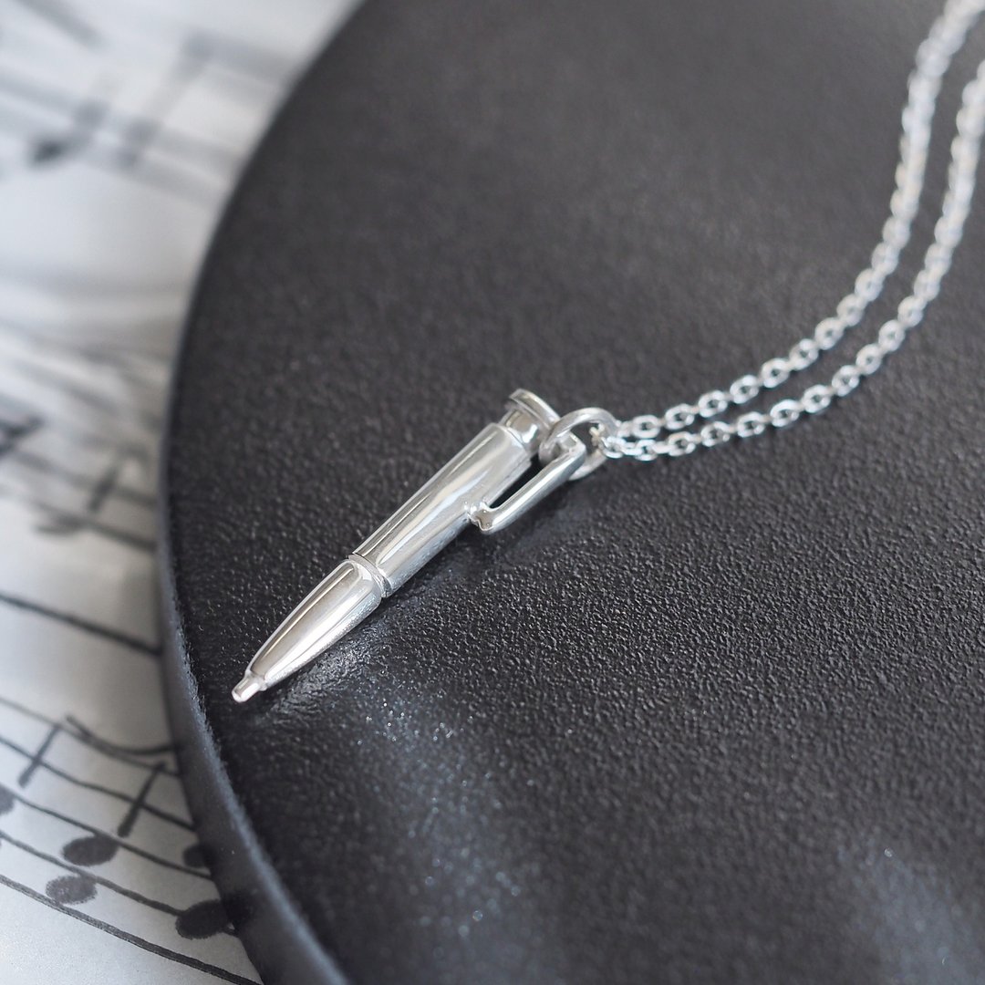 Miniature Ballpoint Pen Men's Necklace Silver 925 - 项链 - 其他金属 银色