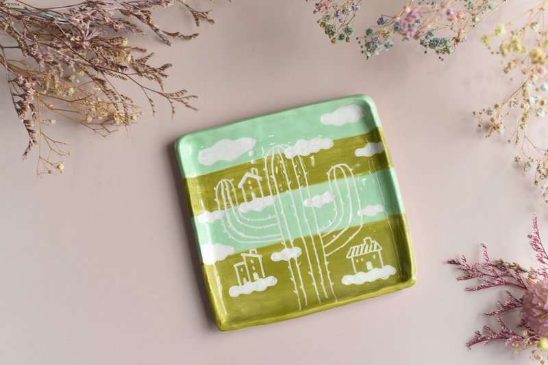 手工刻剔仙人掌纹饰方形陶盘 - 盘子/餐盘/盘架 - 陶 