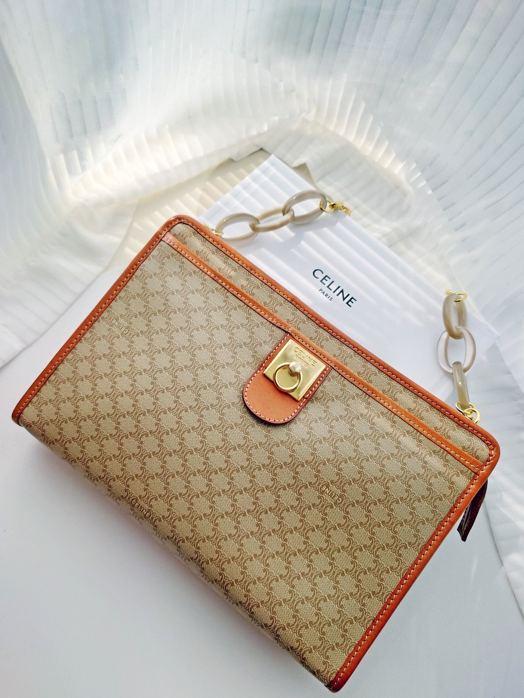 中古美品 CELINE 米花链条包单肩腋下包手拿包手提包公文包公文包 - 手提包/手提袋 - 防水材质 卡其色