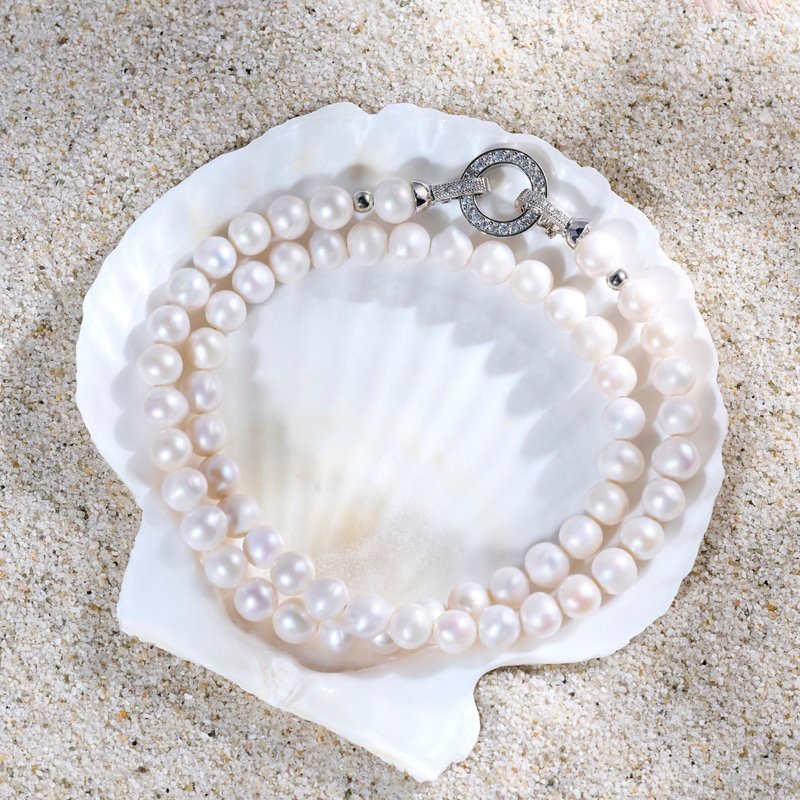 天然白色淡水珍珠项链 6-7mm 银色镶钻圆形扣 精致典雅 万圣节礼 - 项链 - 珍珠 白色