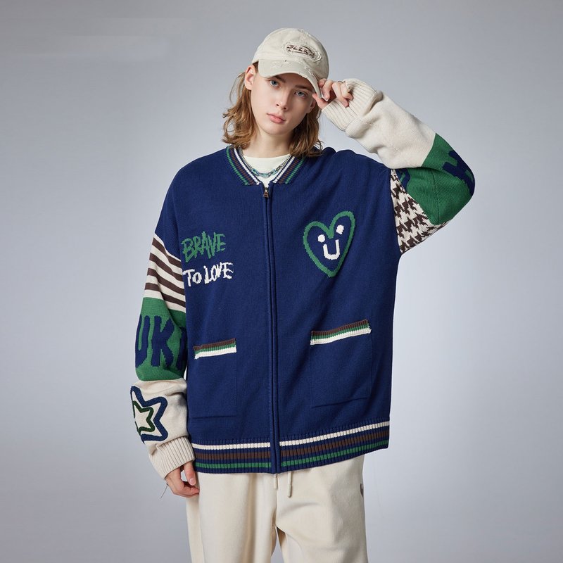 男士宝蓝拼色开衫针织衫  冬季提花毛衣外套 - 男装针织衫/毛衣 - 聚酯纤维 