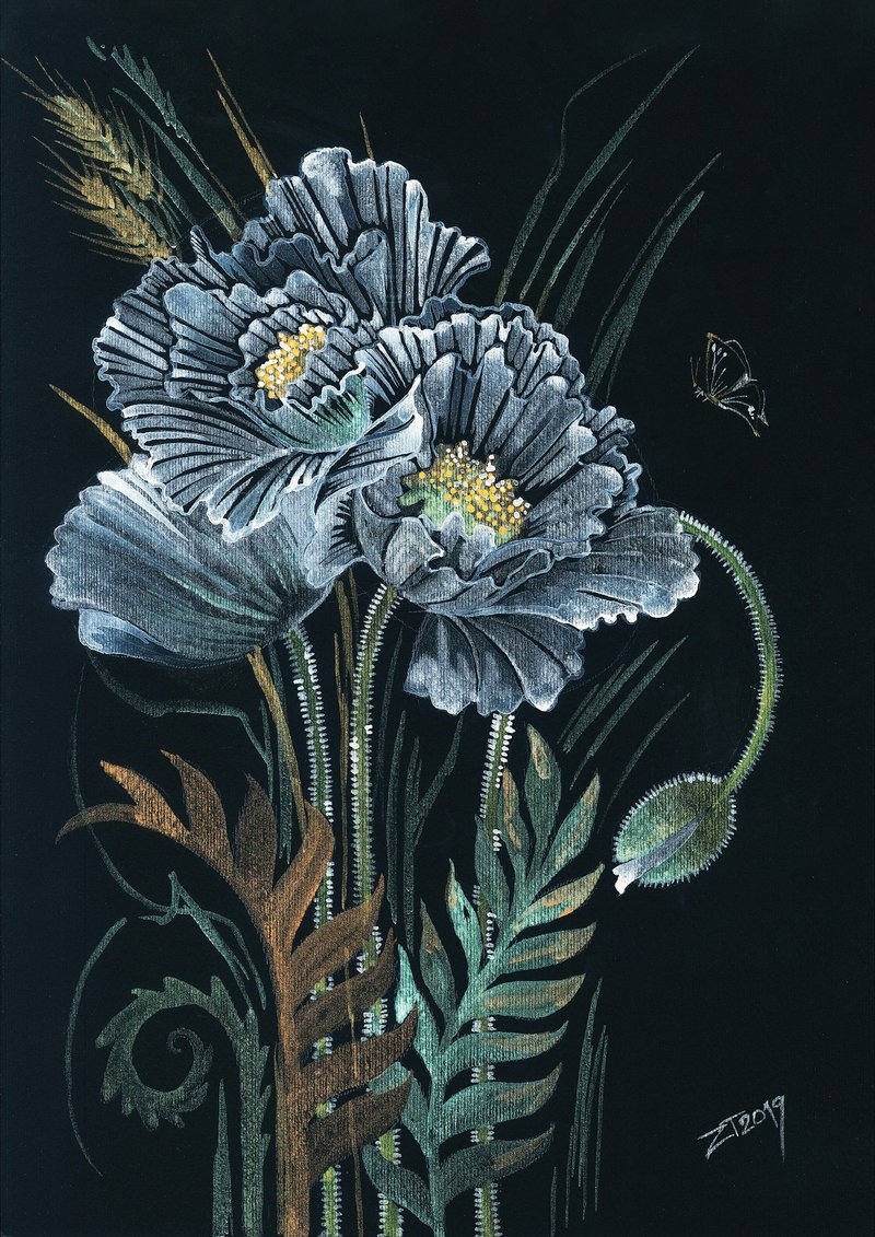 Original watercolor painting White poppies flowers on black paper 12 by 16 inch - 墙贴/壁贴 - 纸 黑色