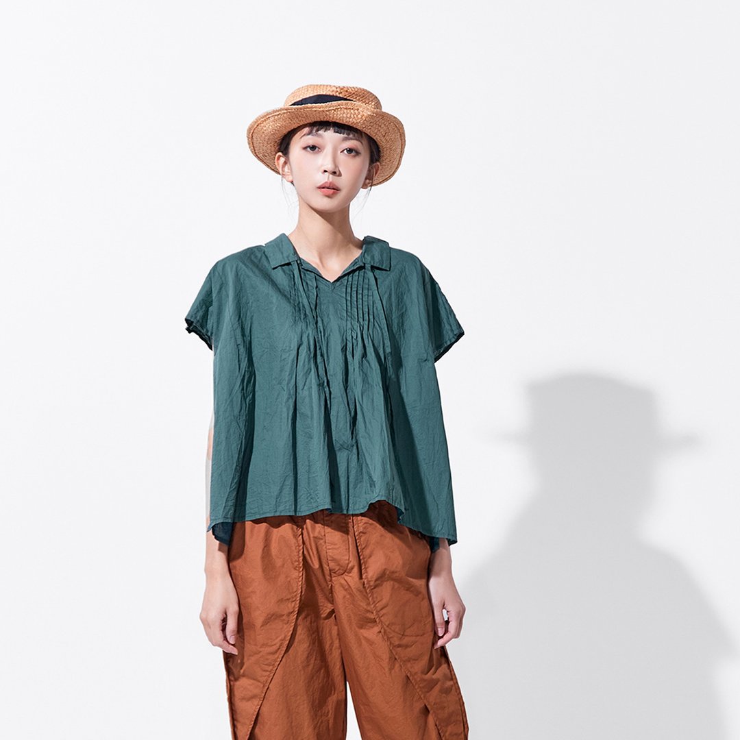 逐风绑带领压褶短袖上衣 - 女装上衣 - 棉 绿色
