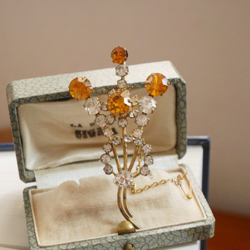 古董双色莱茵石花朵别针胸针 B2201 - 胸针 - 其他金属 金色