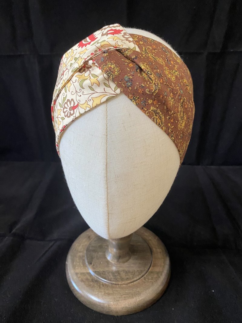 巧克力马赛/双色扭结发带/日本印花布 - 发带/发箍 - 棉．麻 咖啡色