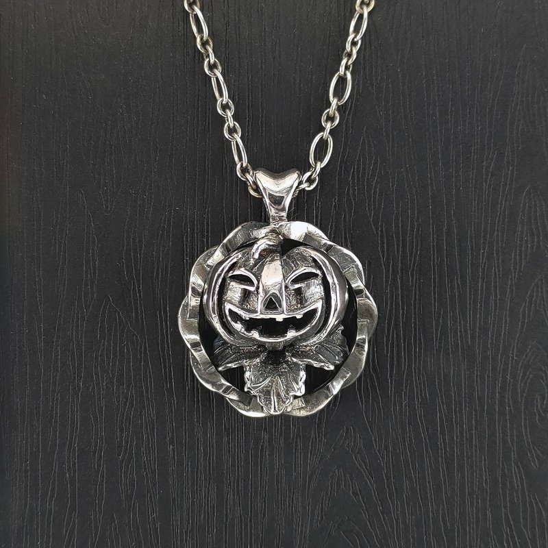 万圣节杰克面具南瓜灯 | S925纯银吊坠 - 项链 - 纯银 银色
