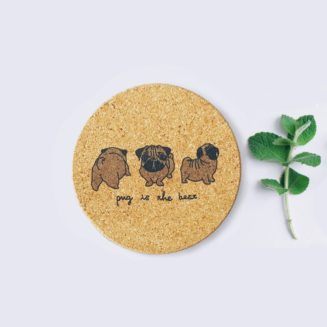 巴哥犬｜环保手绘软木杯垫 - 杯垫 - 木头 灰色