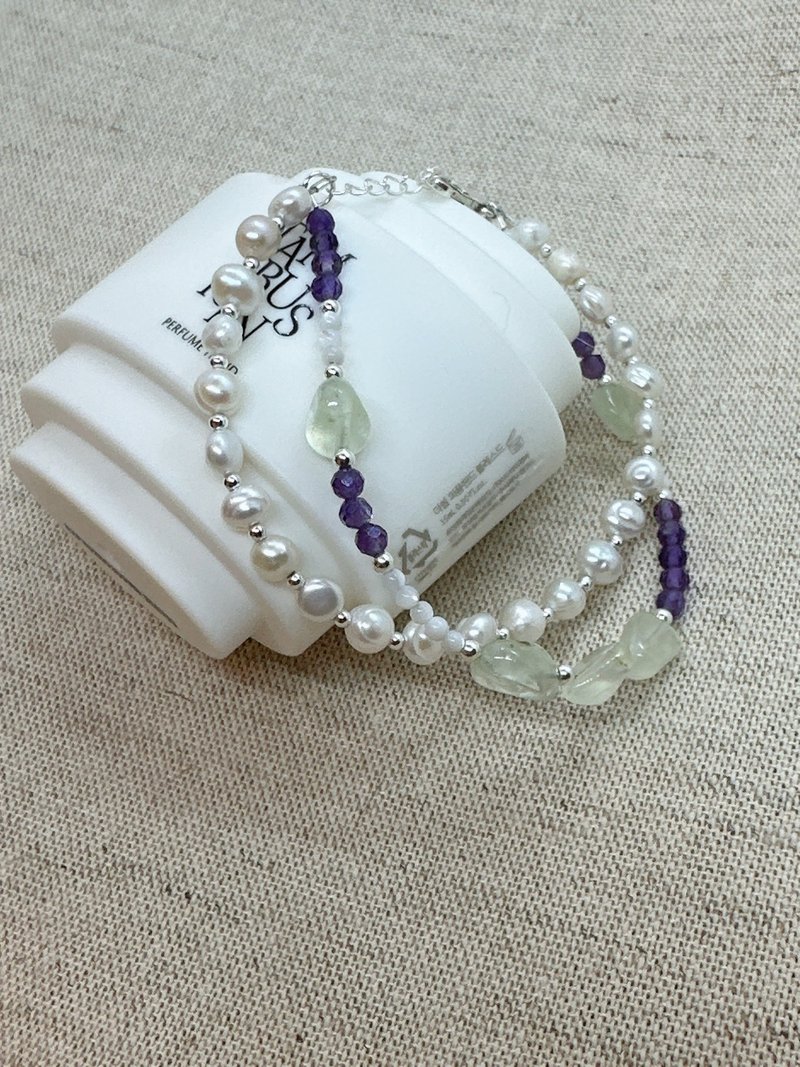 春雨后的苏醒 // 葡萄石紫水晶双层纯银手链 - 手链/手环 - 纯银 银色