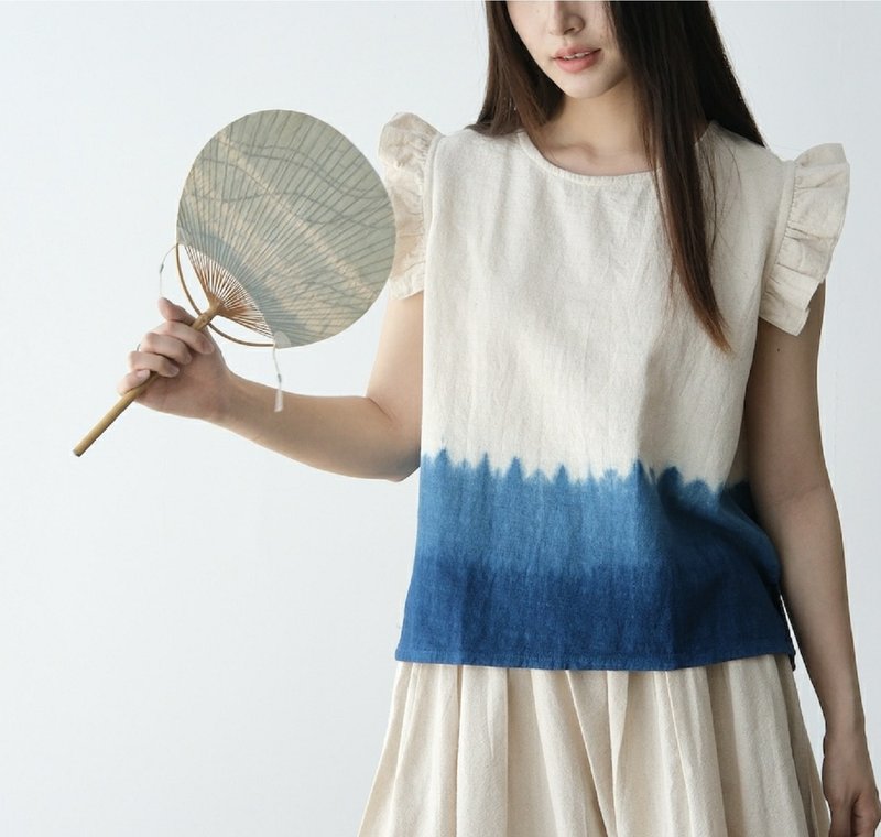 【棉麻手工蓝染】 圆领无袖可爱荷叶边上衣 3色 - 女装上衣 - 棉．麻 蓝色