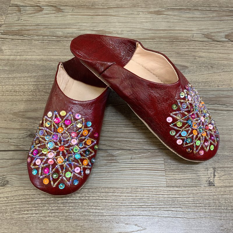 摩洛哥 babouche 室内拖鞋 珠串刺绣 香料糖果 - 室内拖鞋 - 真皮 咖啡色