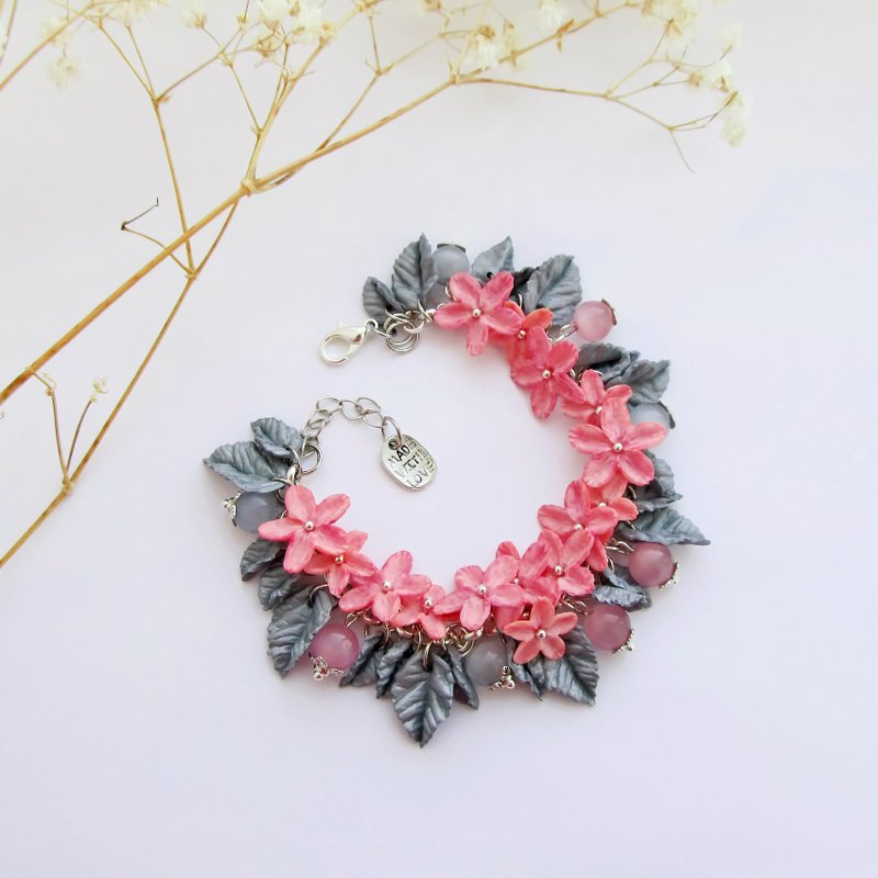 Flowers bracelet Pink flower Floral bracelet Flower clay - 手链/手环 - 粘土 粉红色