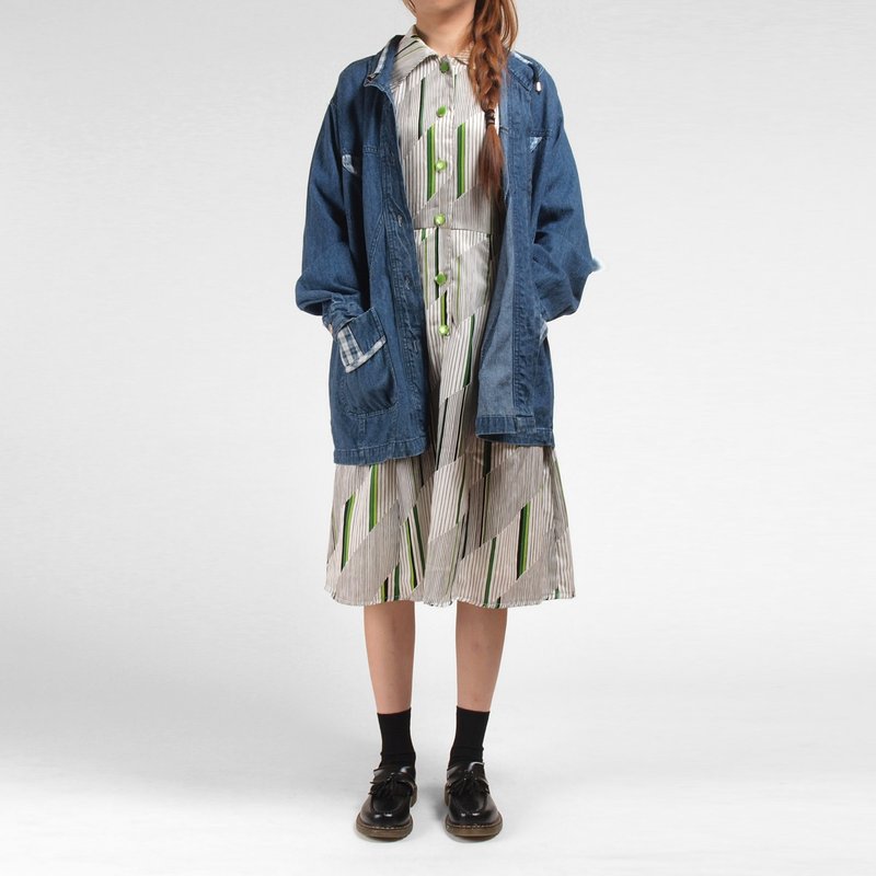 │moderato│vintage格纹拼接口袋牛仔衬衫外套/复古女孩.日本男孩.文艺青年.个性男朋友 - 女装休闲/机能外套 - 其他材质 蓝色