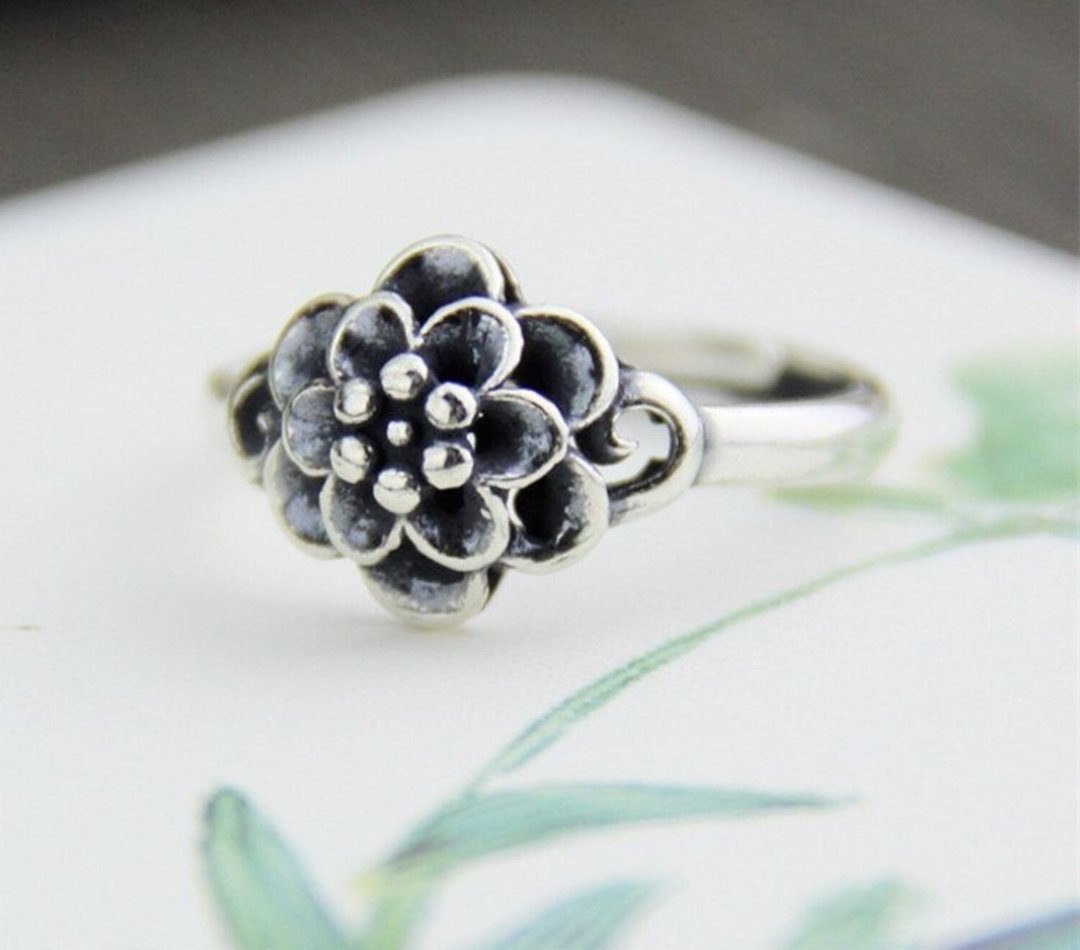 Real S 925 Thai Sterling Silver Women Handmade Flower Rings Vintage Ethnic Open - 戒指 - 银 银色
