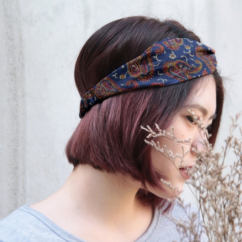 老酒馆  深蓝  复古变形虫  手工十字松紧发带 - 发带/发箍 - 棉．麻 蓝色