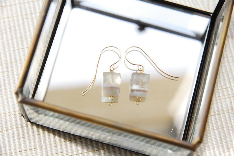 Striped Blue Opal Recangle Cut Earrings no.3 14kgf - 耳环/耳夹 - 半宝石 灰色