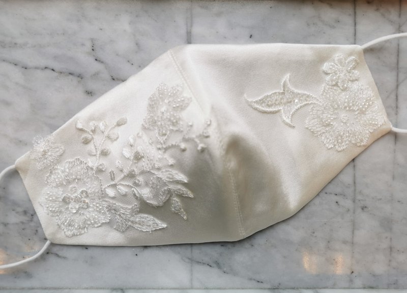 100%真丝配蕾丝钉花透气口罩 |  新娘口罩 |  妈妈口罩 - 口罩 - 其他材质 白色