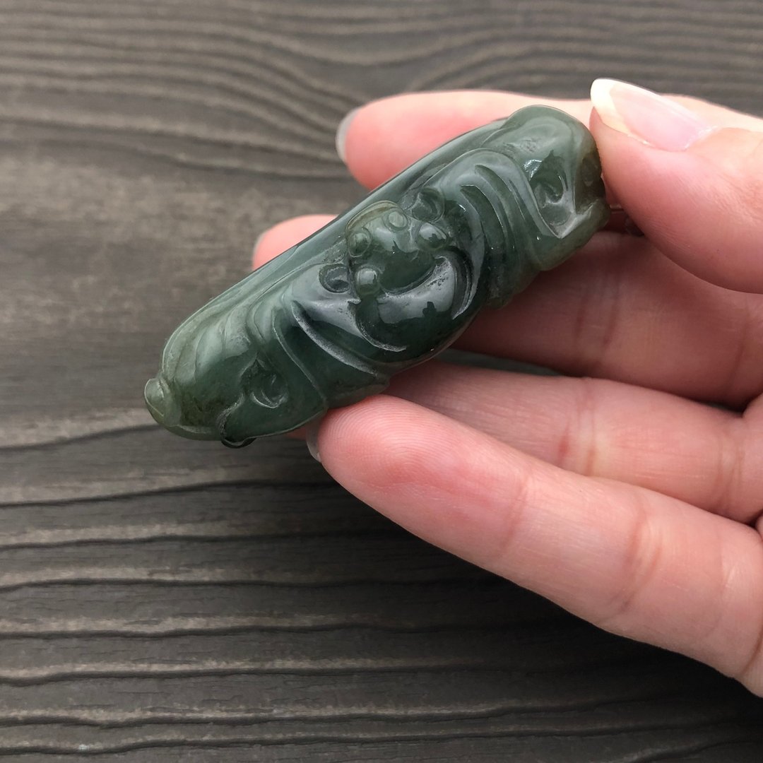 缅甸翡翠A货老油青吊坠项链/福在眼前/呱呱来财/力争上游/925银扣 - 吊饰 - 玉石 绿色