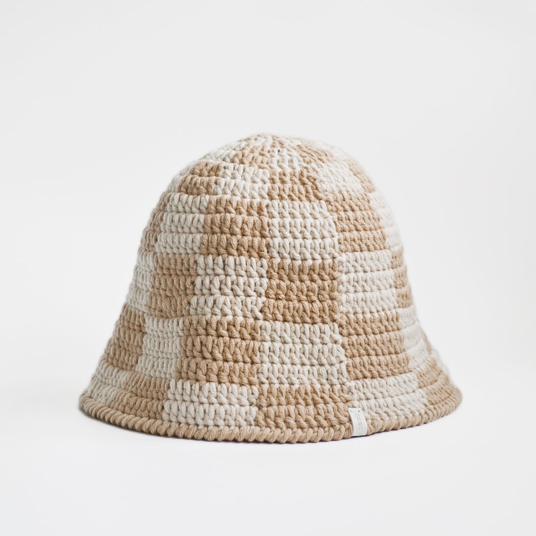 cloche-checker 钟形帽-卡其棋盘格 - 帽子 - 棉．麻 卡其色