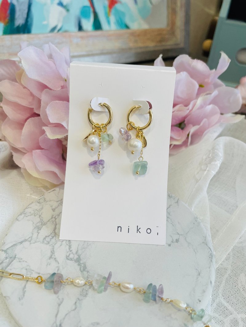 手作耳环 萤石 日本手作家 - 耳环/耳夹 - 玉石 绿色