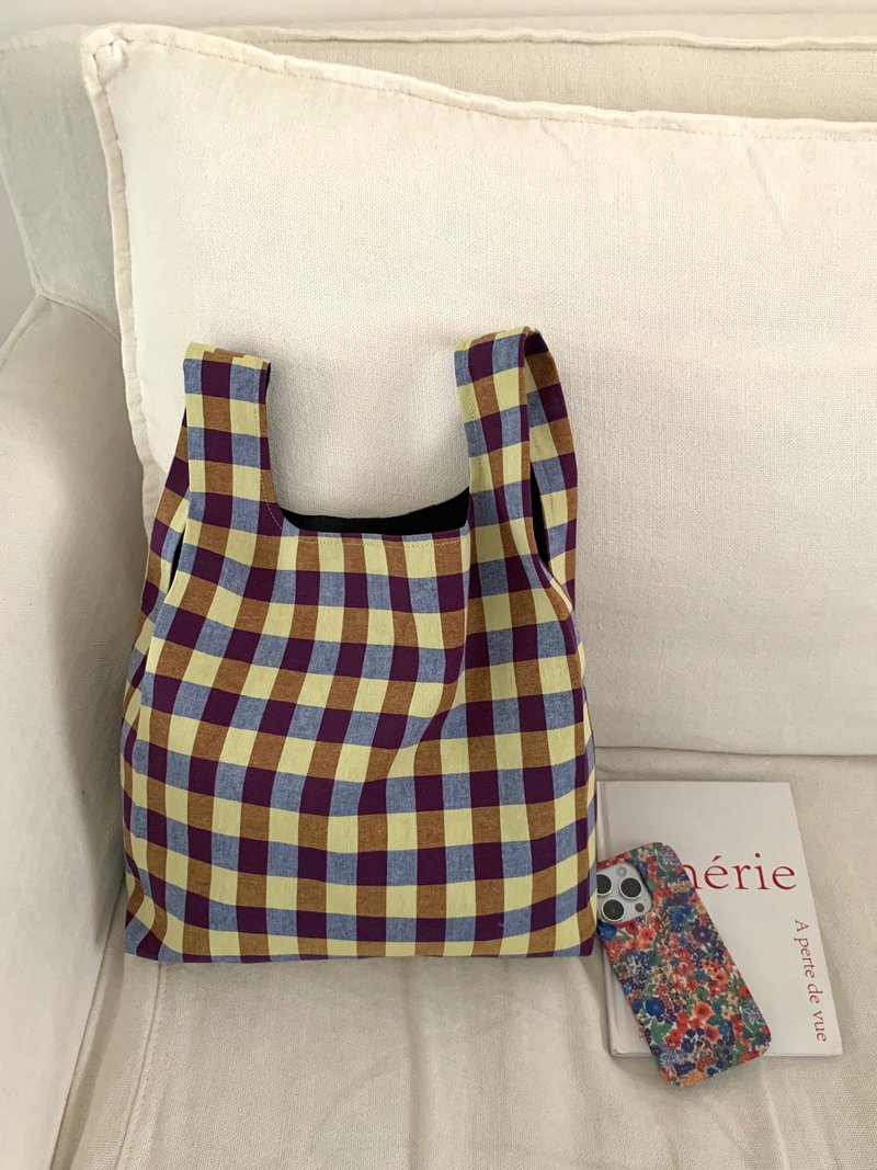 色织复合麻料 日系格仔简约百搭购物袋式手拿包 - 侧背包/斜挎包 - 棉．麻 