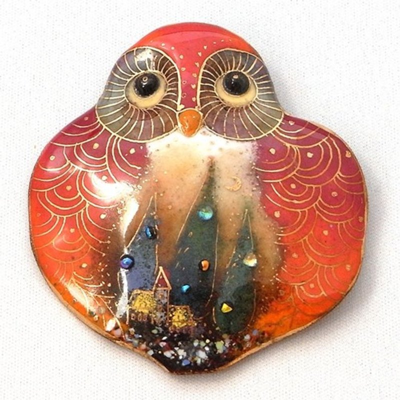猫头鹰（大-红）2号 七宝烧胸针 - 胸针 - 其他金属 红色