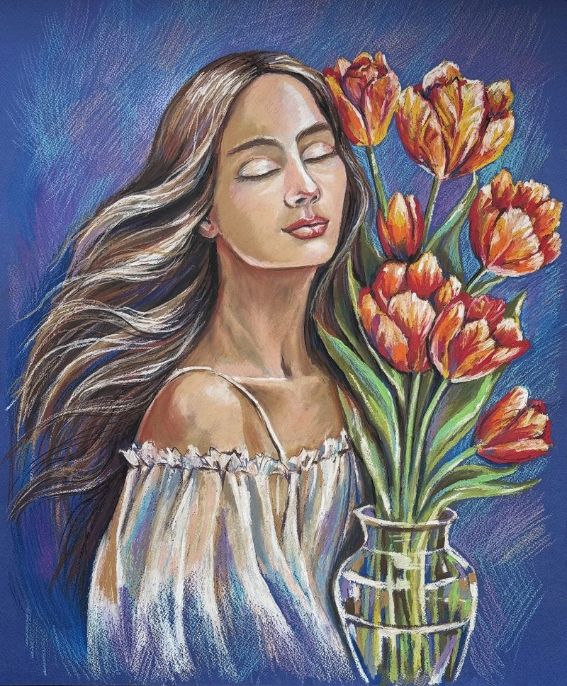 女孩的肖像花束红色郁金香油画棒绘画喘息静物艺术 - 墙贴/壁贴 - 纸 蓝色