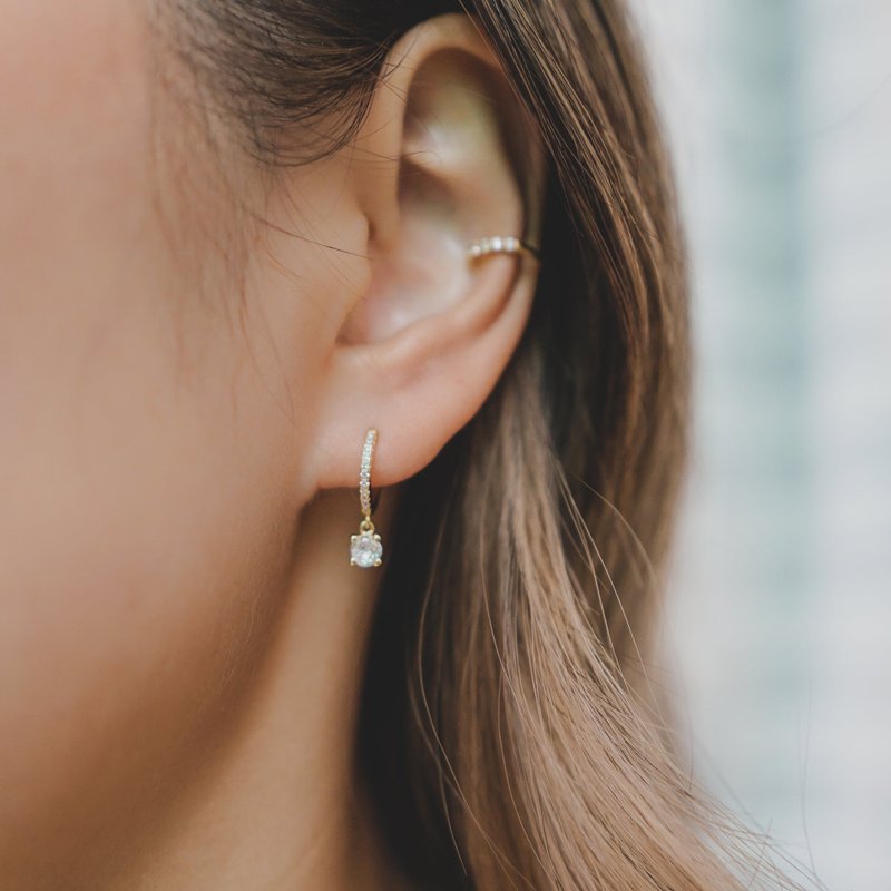 锆石吊饰耳圈 - 14k金 - 925银 - 锆石 - 耳环/耳夹 - 宝石 透明