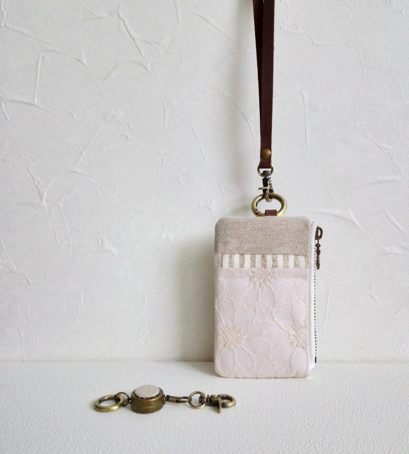 最后一件!【FCI/票卡证件拉链小包】日本刺绣波斯菊肤粉 法国银葱 - 证件套/卡套 - 棉．麻 粉红色