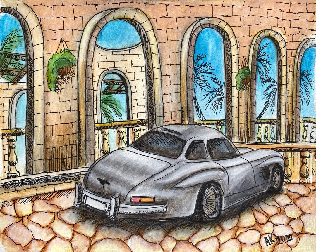 经典奔驰，水彩画，汽车插画，意大利度假 - 墙贴/壁贴 - 其他材质 灰色