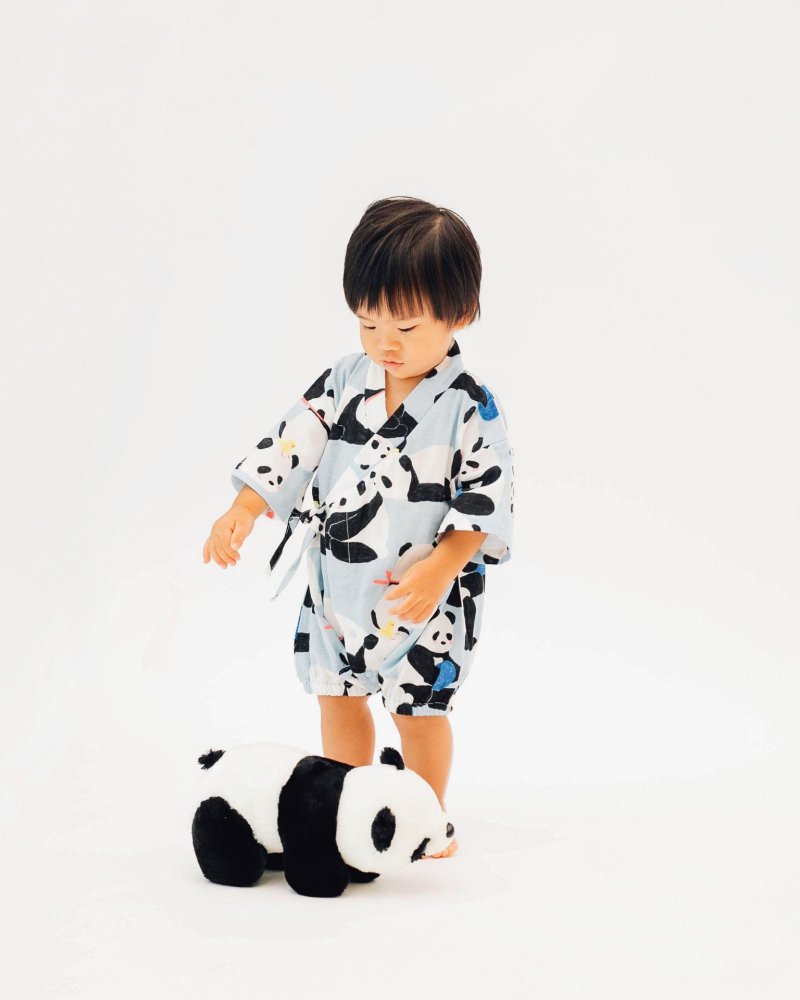 婴儿和服 - 蓝色熊猫 - 包屁衣/连体衣 - 棉．麻 蓝色