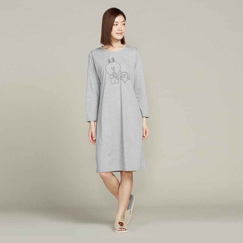 LINE FRIENDS | 兔兔莎莉网印长袖洋装-迷雾灰 - 洋装/连衣裙 - 棉．麻 灰色