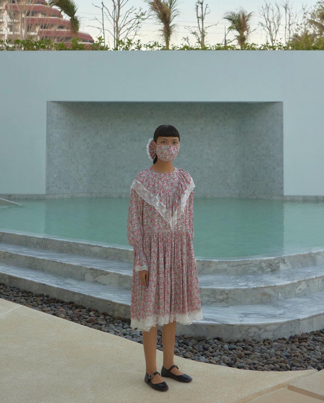 tiny floral bertha collar with lace ruffle long sleeve smock short dress+ribbon - 洋装/连衣裙 - 棉 红色