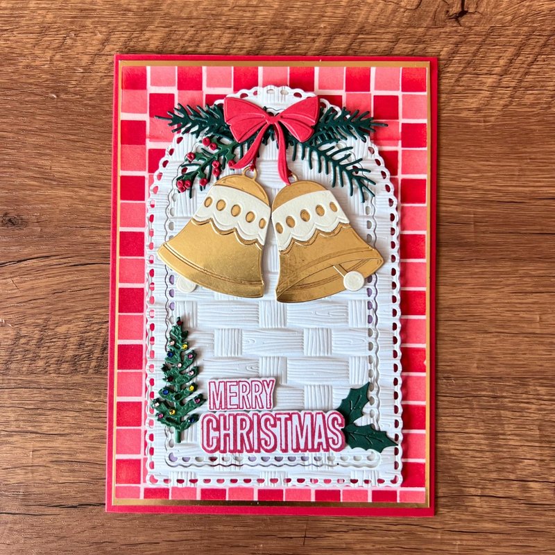 MERRY CHRISTMAS 圣诞钟 拱门 红色 格子 背景 圣诞卡 - 卡片/明信片 - 纸 红色