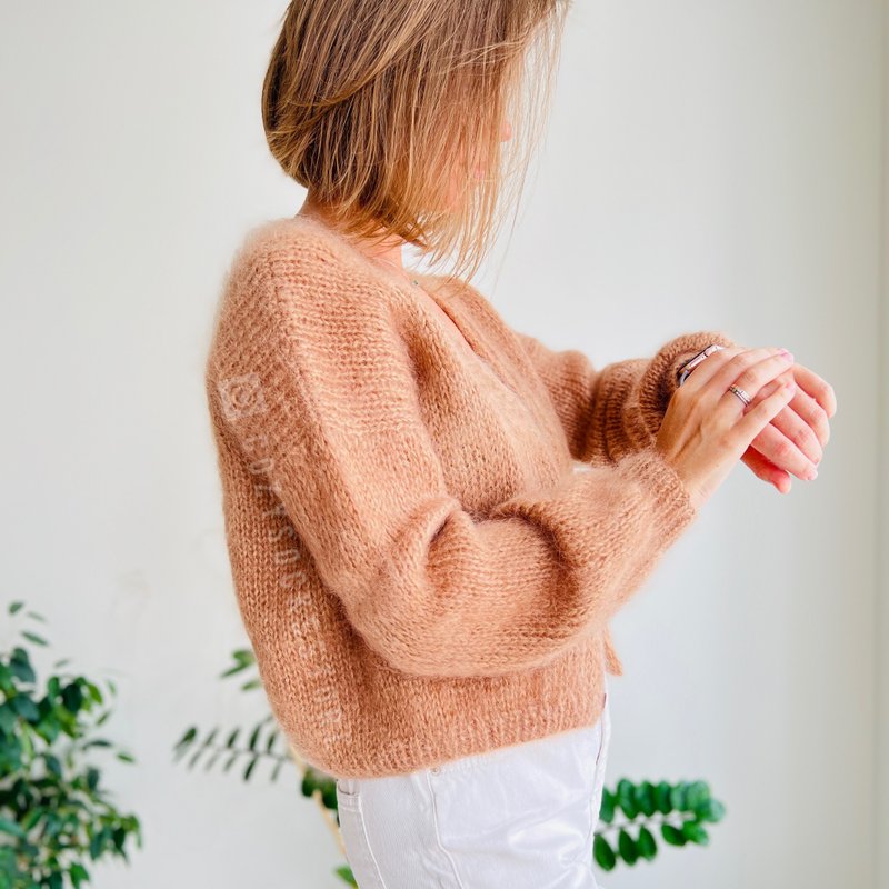 厚实女式开衫 一种尺寸开衫 马海毛丝 手工针织圣诞毛衣 - 女装针织衫/毛衣 - 羊毛 咖啡色