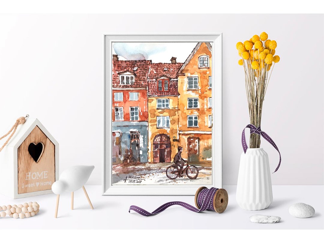 German art Original watercolor art Bicycle painting Original painting Urban Sket - 墙贴/壁贴 - 纸 橘色