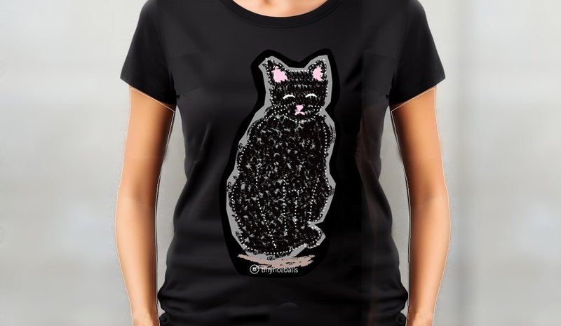 小饭团  黑猫  黑色中性短T - 女装 T 恤 - 棉．麻 黑色