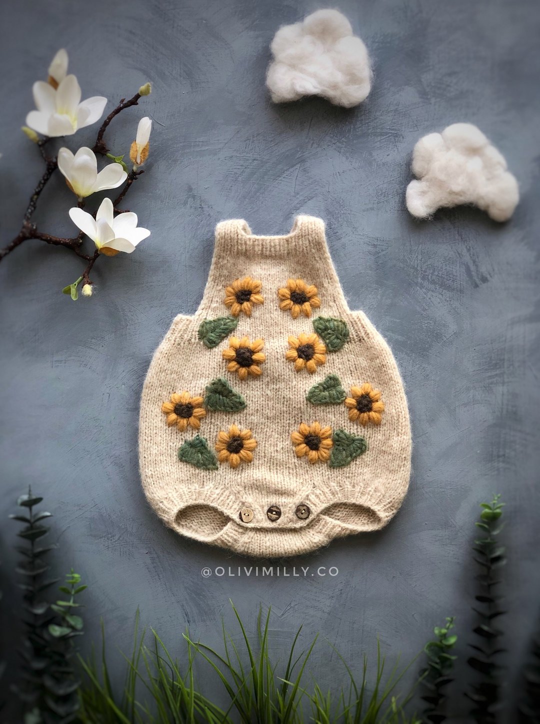 Sunflowers Romper, hand knitting baby romper, organic, alpaca, kids, Sunflowers - 包屁衣/连体衣 - 羊毛 金色